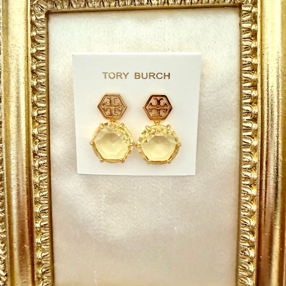 Tory Burch Gold and Cream Hexagon Earrings